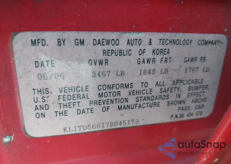 2007 Chevrolet Aveo Ls из США, поврежденный, VIN KL1TD56617B045173